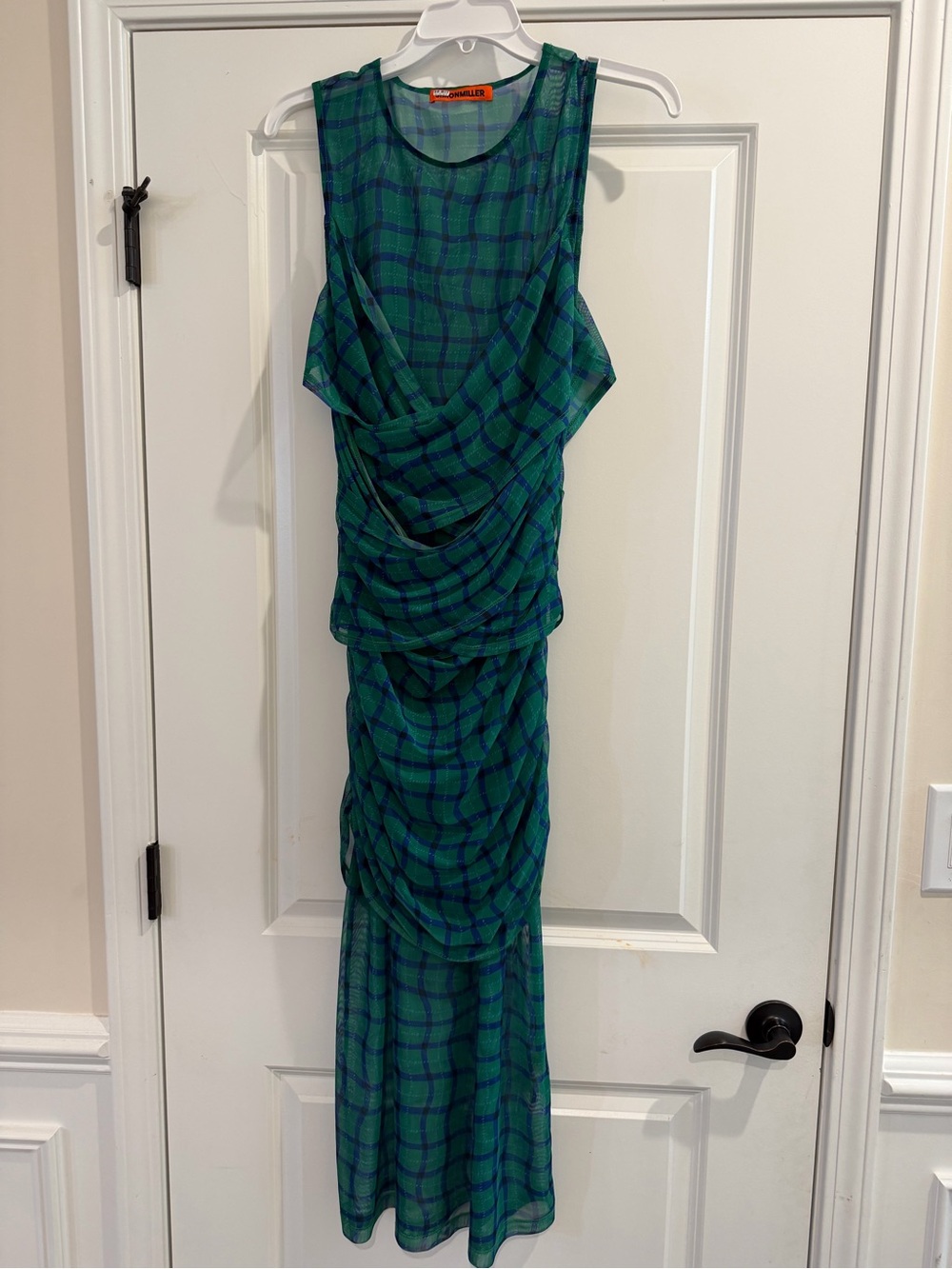 Simon Miller Kinny Ruched Plaid Mesh Midi Dress Anthropologie Green Blue- Size L - Picture 9 of 13